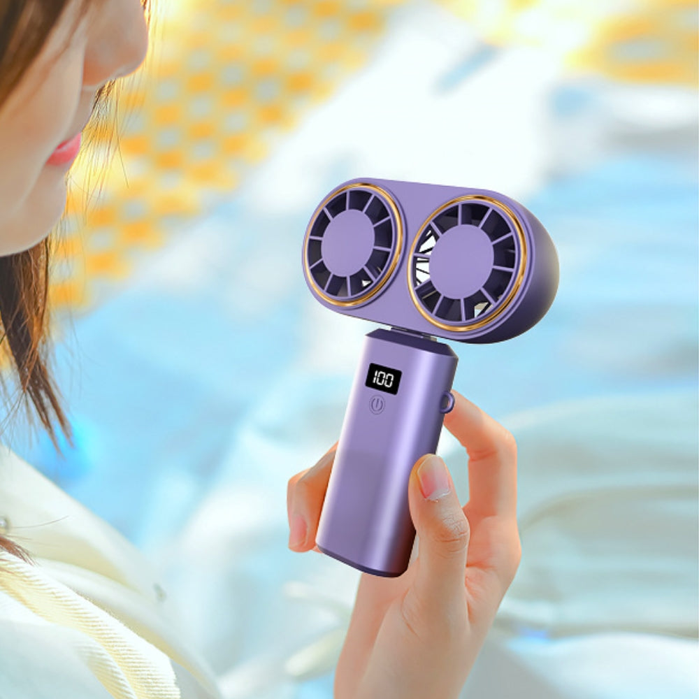 Compact Rechargeable Handheld Fan with Dual Coolers and Digital Display