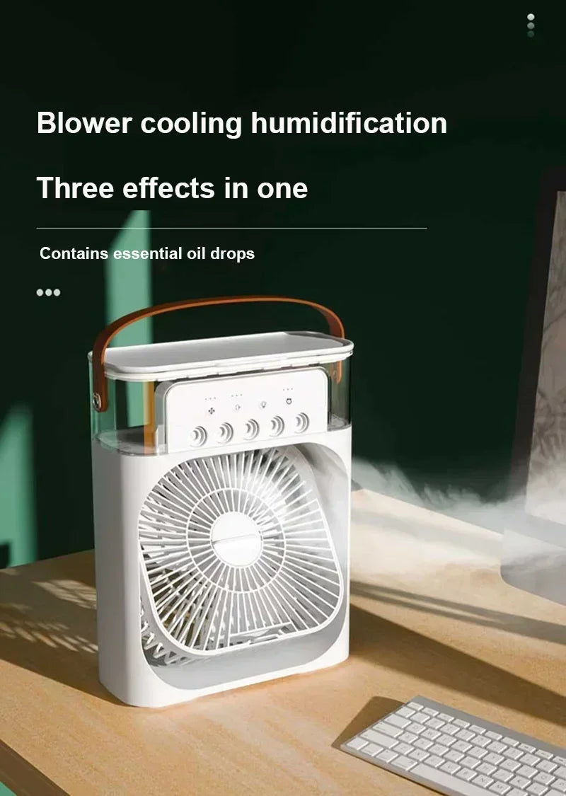 3-in-1 Multifunctional Mini Humidifying Fan | USB Rechargeable + 7-Colour Night Light