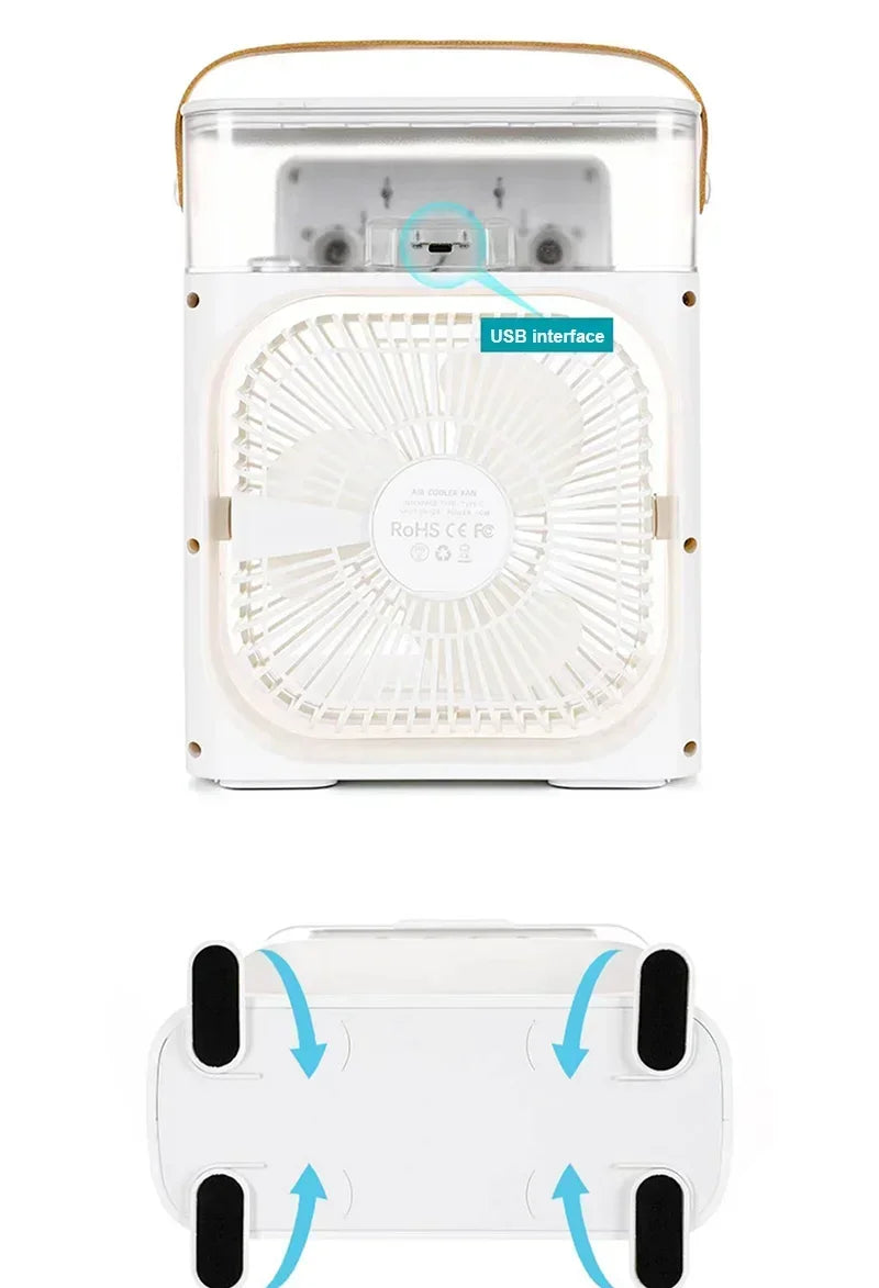 3-in-1 Multifunctional Mini Humidifying Fan | USB Rechargeable + 7-Colour Night Light