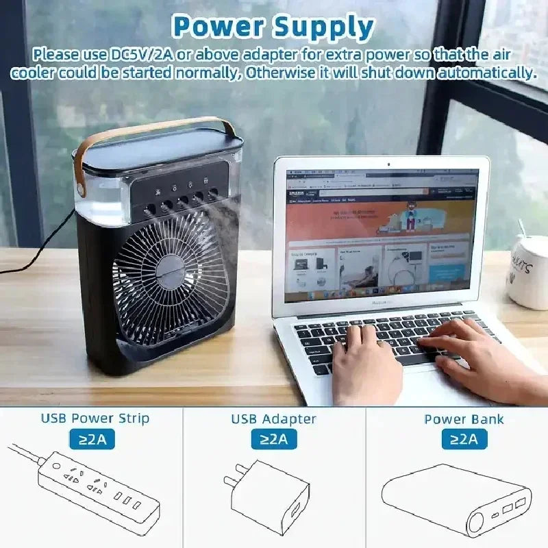3-in-1 Multifunctional Mini Humidifying Fan | USB Rechargeable + 7-Colour Night Light