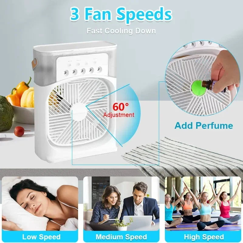 3-in-1 Multifunctional Mini Humidifying Fan | USB Rechargeable + 7-Colour Night Light