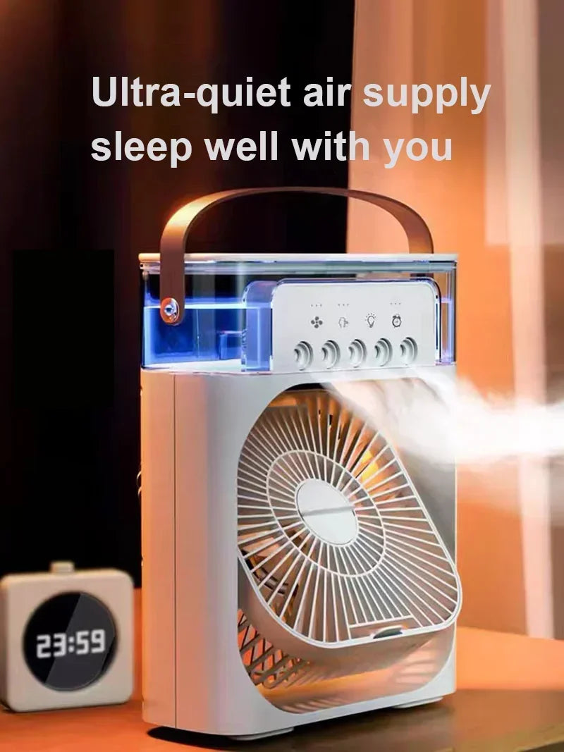 3-in-1 Multifunctional Mini Humidifying Fan | USB Rechargeable + 7-Colour Night Light