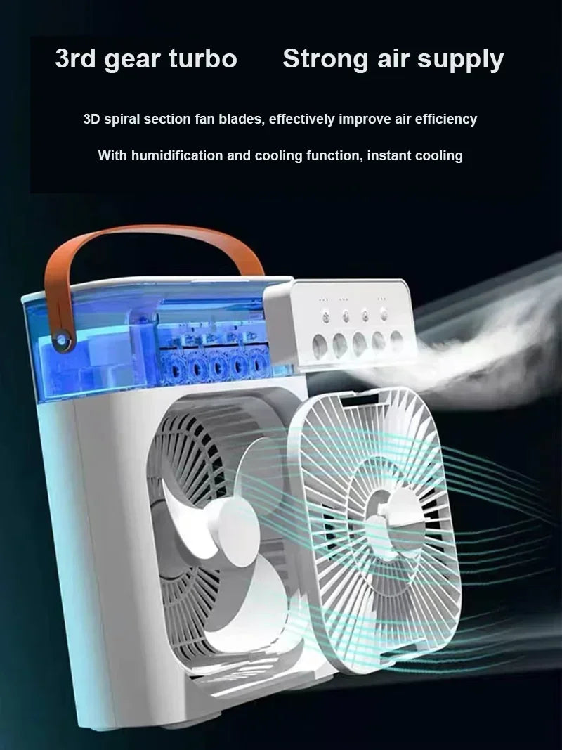 3-in-1 Multifunctional Mini Humidifying Fan | USB Rechargeable + 7-Colour Night Light