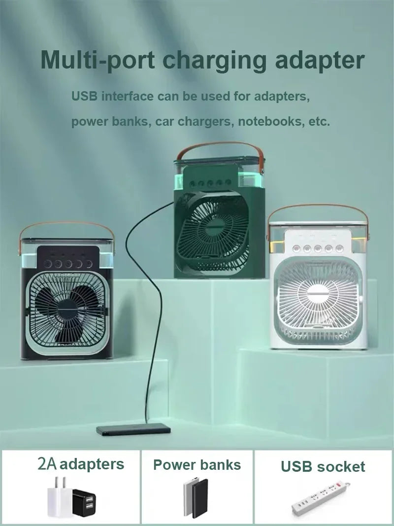 3-in-1 Multifunctional Mini Humidifying Fan | USB Rechargeable + 7-Colour Night Light