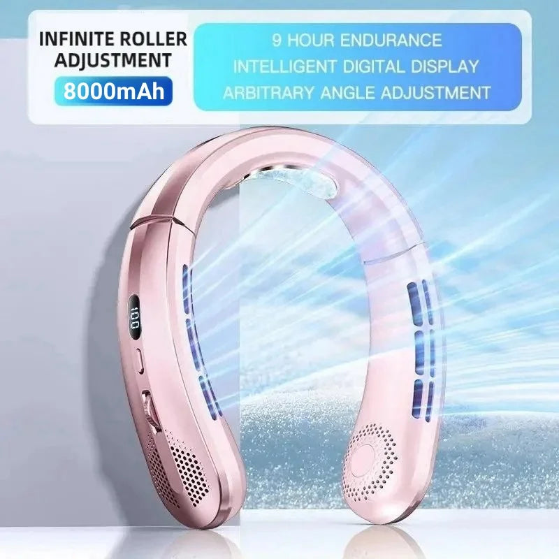 8000mAh Hanging Neck Fan Portable Bladeless Mini USB Rechargeable Mute LED Digital Display Electric Fan Summer Air Cooler