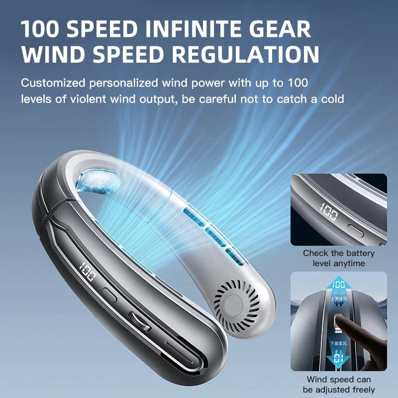 8000mAh Hanging Neck Fan Portable Bladeless Mini USB Rechargeable Mute LED Digital Display Electric Fan Summer Air Cooler