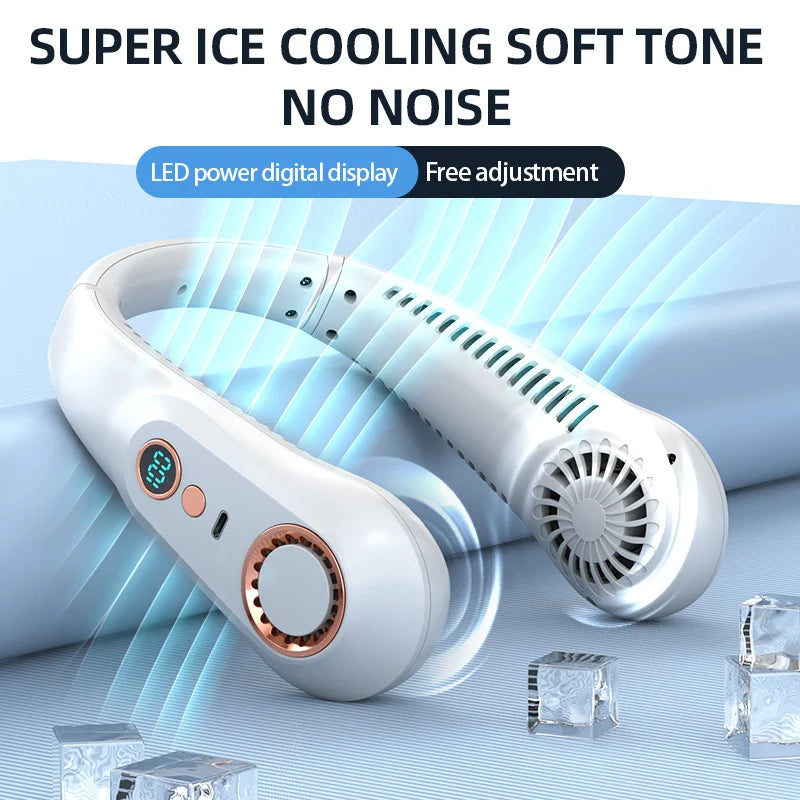 8000mAh Hanging Neck Fan Portable Bladeless Mini USB Rechargeable Mute LED Digital Display Electric Fan Summer Air Cooler