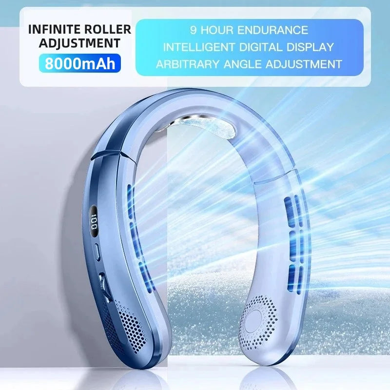 8000mAh Hanging Neck Fan Portable Bladeless Mini USB Rechargeable Mute LED Digital Display Electric Fan Summer Air Cooler
