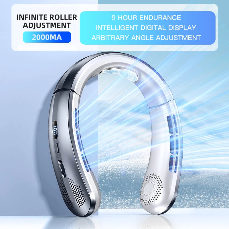 8000mAh Hanging Neck Fan Portable Bladeless Mini USB Rechargeable Mute LED Digital Display Electric Fan Summer Air Cooler