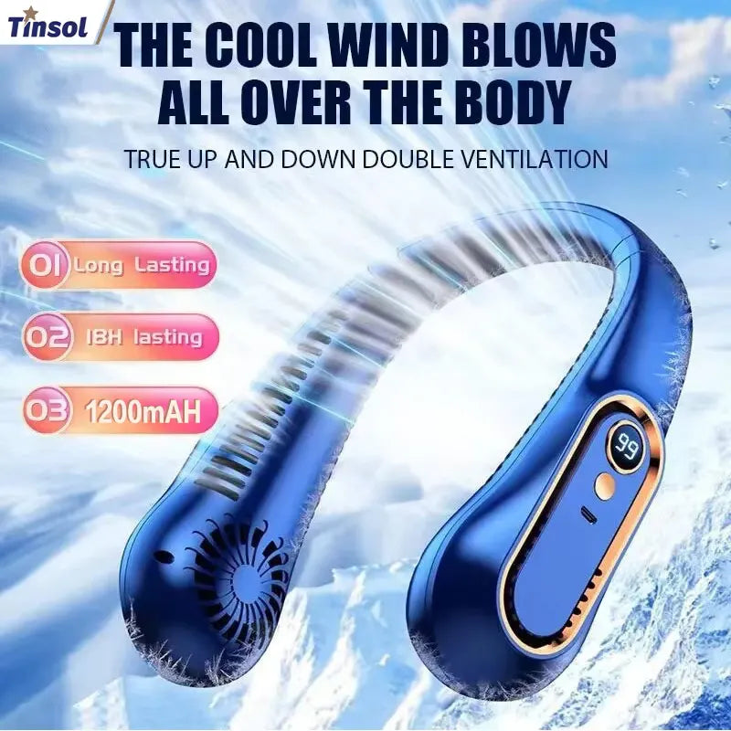 2025 New ceiling fan USB rechargeable portable small fan students office sports digital display ceiling fan hanging neck fan
